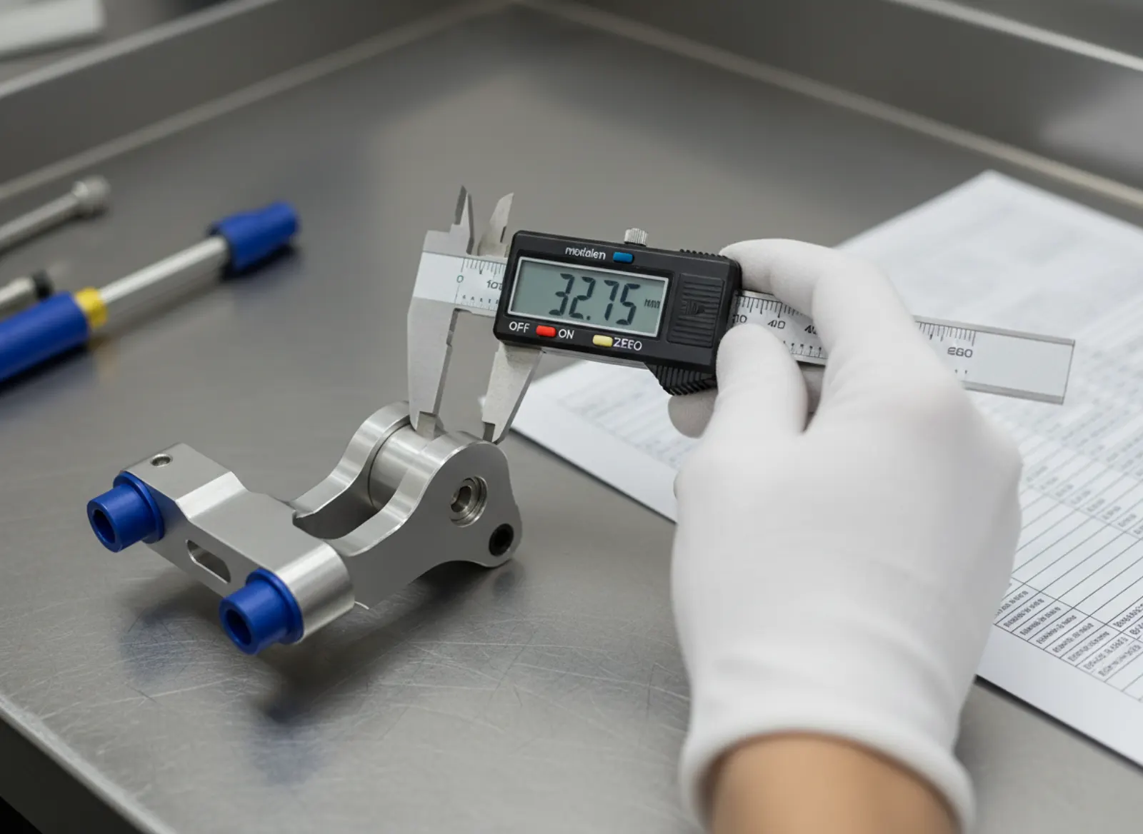 Technician measuring an orthotic joint with a digital caliper